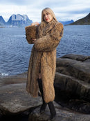 Long brown raccoon fur coat with thick stand collar and straight front