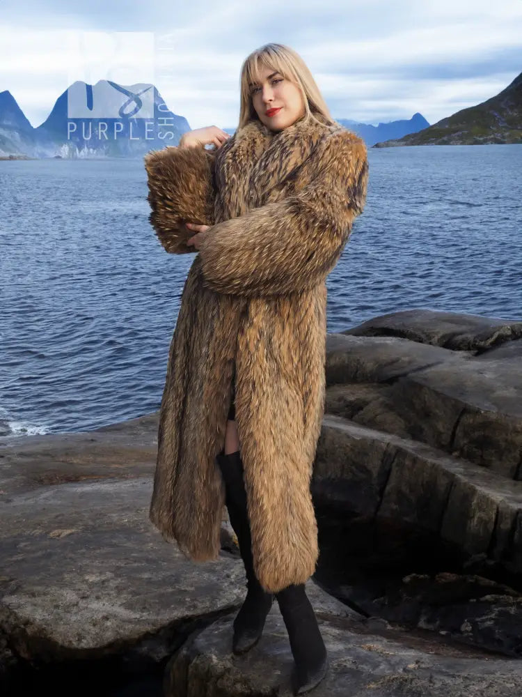 Long brown raccoon fur coat with thick stand collar and straight front