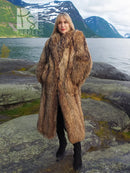 Long brown raccoon fur coat with oversized hooded collar and mid-calf length