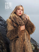 Brown raccoon fur coat with large fur collar and plush textured body