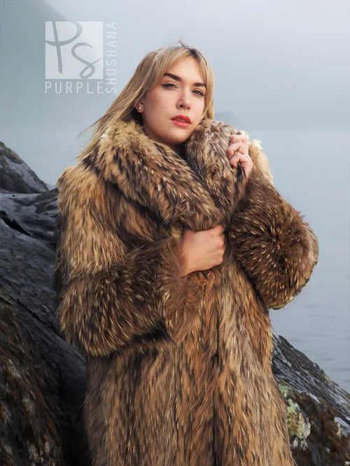 Brown raccoon fur coat with large fur collar and plush textured body