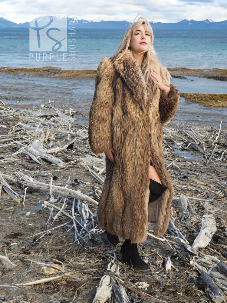 Raccoon fur coat in tan-brown with hood, long sleeves, and textured front panel