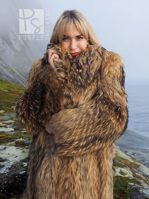 Hooded raccoon fur coat in dark tan and brown, full-length with long sleeves