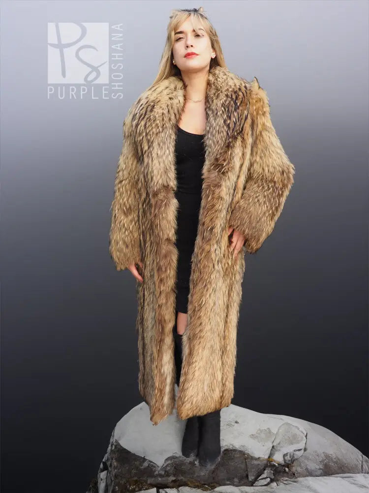 Raccoon fur coat with long draped collar, buttonless front, brown shaggy fur
