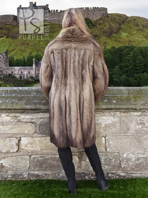 Fisher Sable fur coat, hooded back view in long brown fur with full sleeves