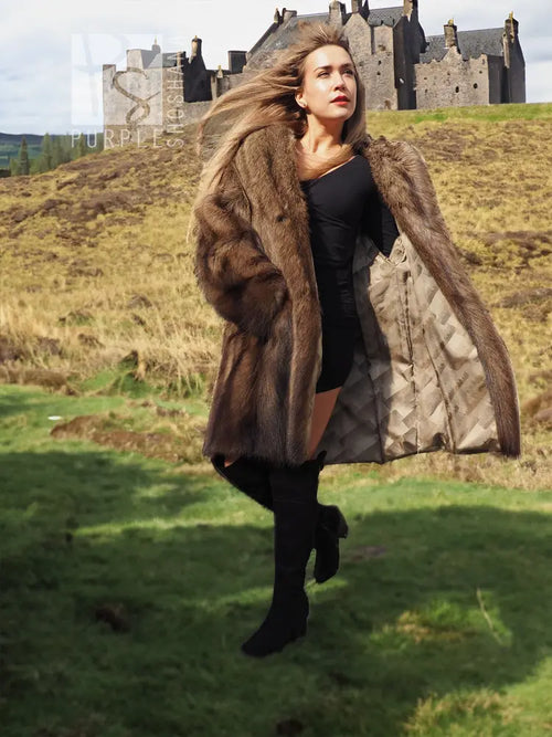 Fisher Sable fur coat, side view with hooded long brown fur and open front