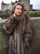 Long sable fur coat with wide sleeves and shaggy dark-brown texture
