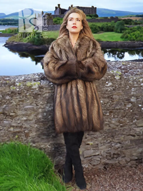 Sable fur coat with wide collar and button front, brown