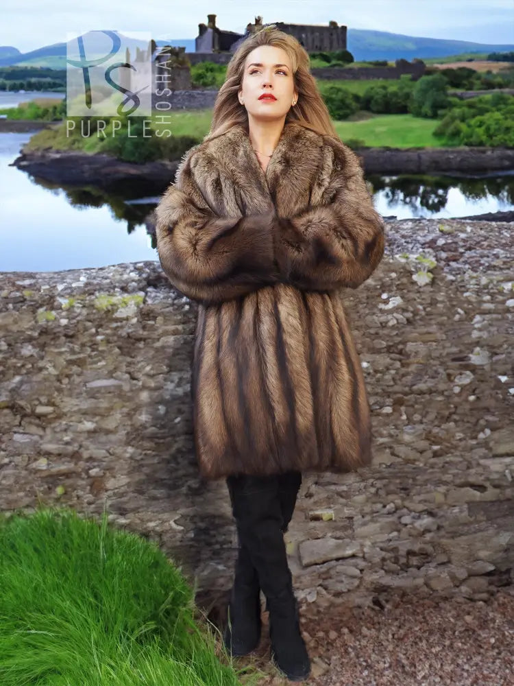 Sable fur coat with wide collar and button front, brown
