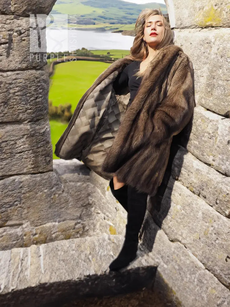 Fisher Sable fur coat, hooded brown fur with open front and flowing long sleeves