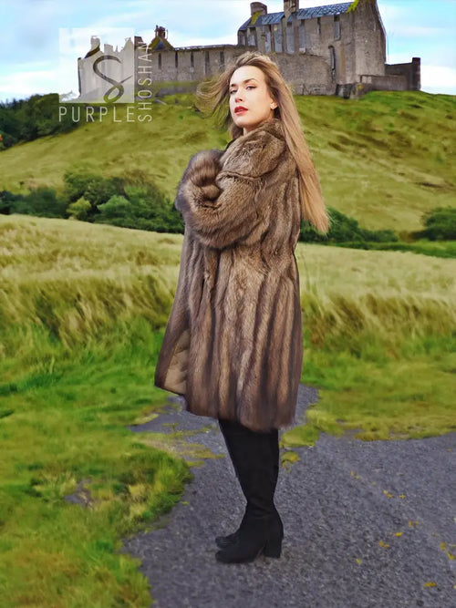 Fisher Sable fur coat, hooded long brown fur with full sleeves and open front