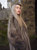 Sable fur coat with draped shoulder detail and textured fur, dark brown