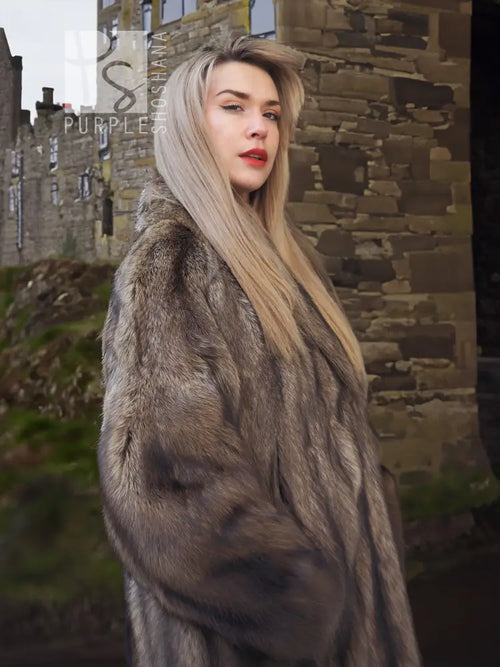 Sable fur coat with draped shoulder detail and textured fur, dark brown