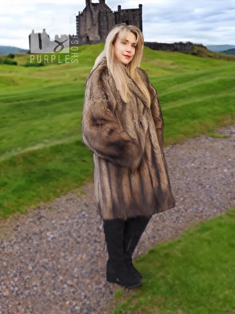 Fisher Sable fur coat, hooded long brown fur with open front and shaped sleeves
