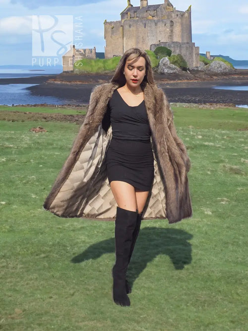 Fisher Sable fur coat, hooded back view with long brown fur and full sleeves