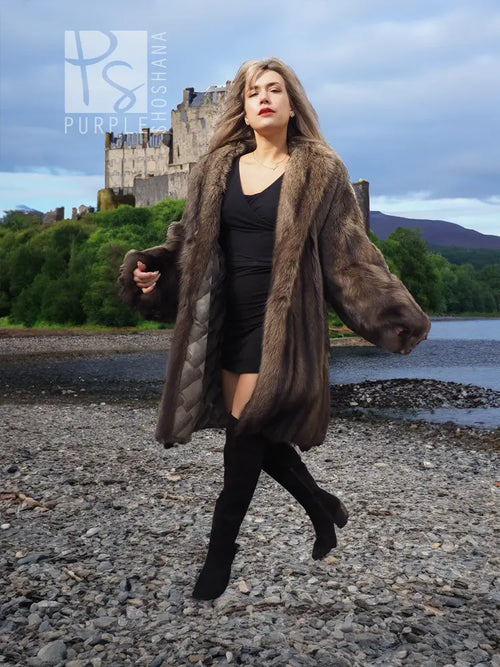 Fisher Sable fur coat, hooded brown fur with open front and long full sleeves