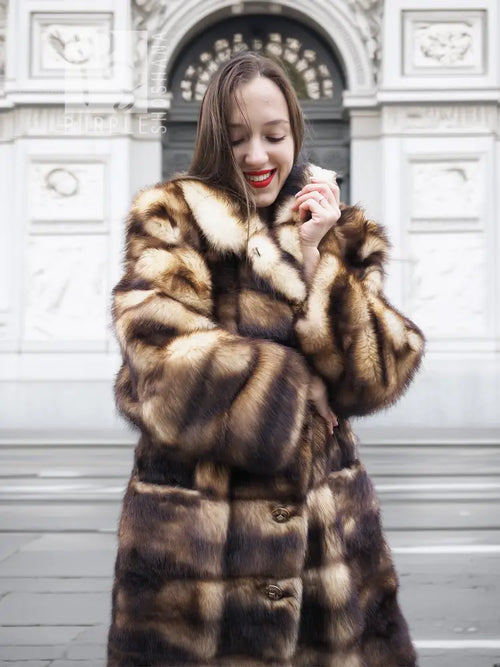 Women’s vintage faux fur coat in dark brown and cream horizontal stripe pattern