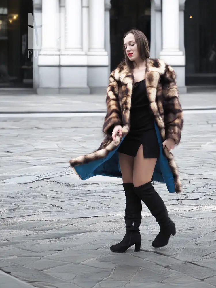 Vintage fur coat, brown and tan check pattern, open front over black outfit