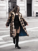 Faux fur coat with pointed collar and dark brown and cream check-style stripes