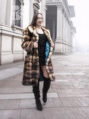 Long faux fur coat with dark brown and cream check-style horizontal panels