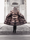 Vintage fur coat with horizontal striped pattern, hooded and full-length