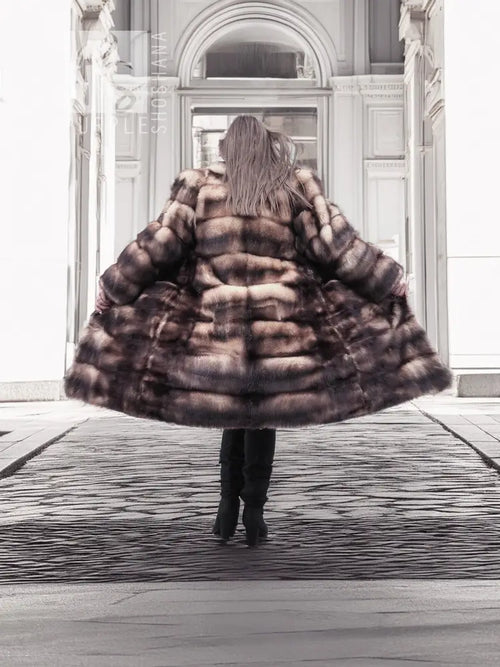 Vintage fur coat with horizontal striped pattern, hooded and full-length
