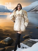 Cream and tan fur jacket with plush collar, open front and long sleeves