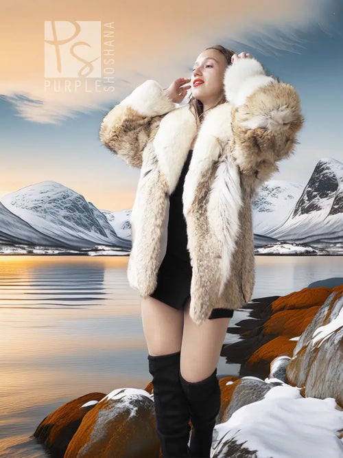 Cream and tan coyote-style fur jacket with wide collar and open front