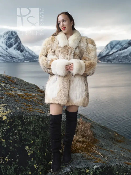 Cream fur jacket with tan blocks, open front design and long sleeves