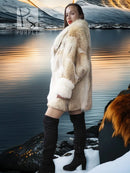 Frosted Ember coyote fur jacket with shadow fox, cream fur, angled side view