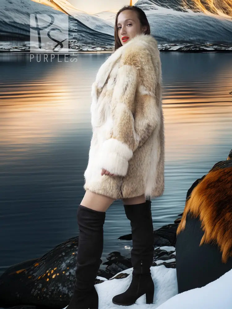 Frosted Ember coyote fur jacket with shadow fox, cream fur, angled side view
