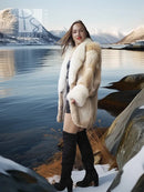 Frosted Ember coyote fur jacket with shadow fox, cream, open front, long sleeves