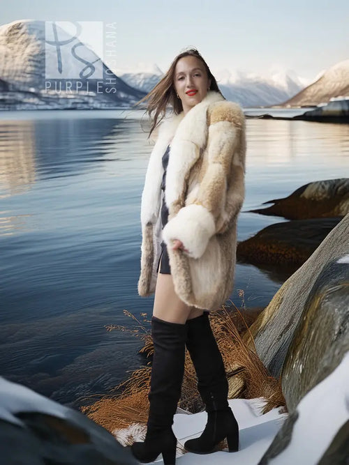 Frosted Ember coyote fur jacket with shadow fox, cream, open front, long sleeves