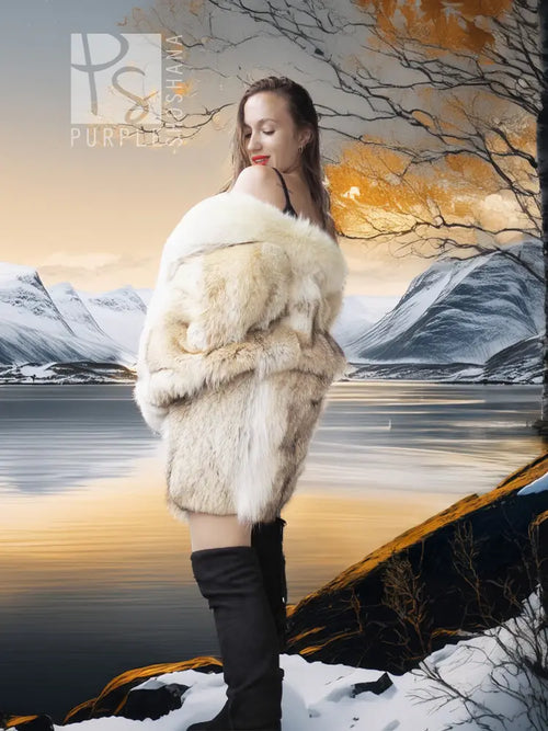 Cream coyote fur jacket with textured fur panels and wide shawl-style collar