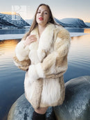 Frosted Ember coyote fur jacket with shadow fox, cream fur jacket, wide lapels