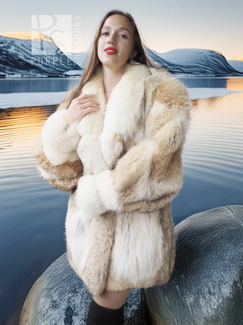 Frosted Ember coyote fur jacket with shadow fox, cream fur jacket, wide lapels