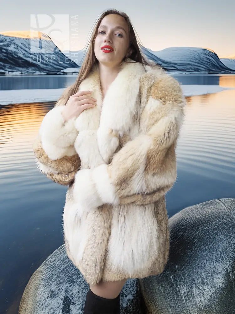 Frosted Ember coyote fur jacket with shadow fox, cream fur jacket, wide lapels