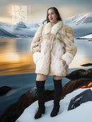 Cream coyote fur jacket with thick faux-fur texture and stand collar