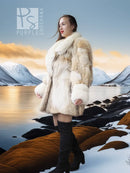 Frosted Ember coyote fur jacket with shadow fox, cream fur, side profile, open front