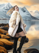Cream coyote fur jacket with plush collar and full-length sleeves, open front