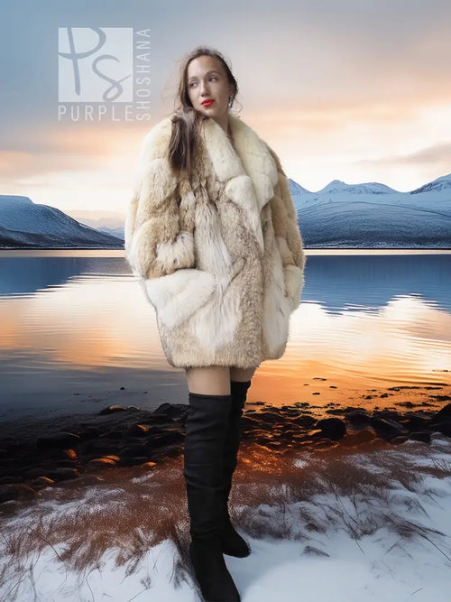 Frosted Ember coyote fur jacket with shadow fox, cream fur coat, front view
