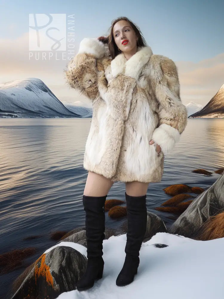 Cream fur jacket with tan shoulder fur and wide collar, open front