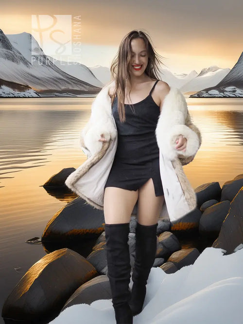 Frosted Ember coyote fur jacket with shadow fox, cream fur, wide cuffs, open front