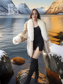 Fur jacket in cream with tan accents, open front and plush collar
