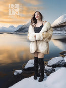 Cream coyote fur jacket with large collar and fluffy front pockets