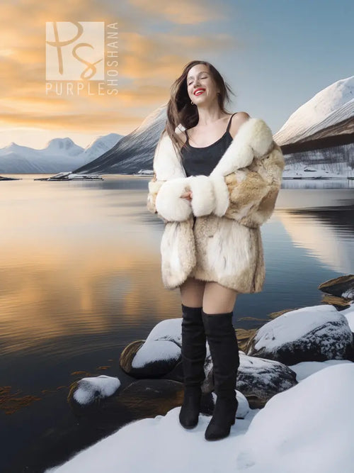 Cream coyote fur jacket with large collar and fluffy front pockets