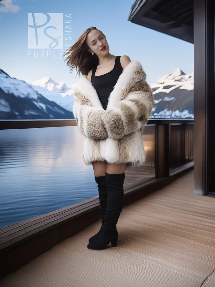 White and tan fur short jacket over a black mini dress, open front