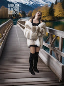 Short fur coat with cream white center and tan brown patterned fur cuffs