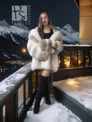 Short fur jacket with coyote-brown sleeves and white fox collar, open front