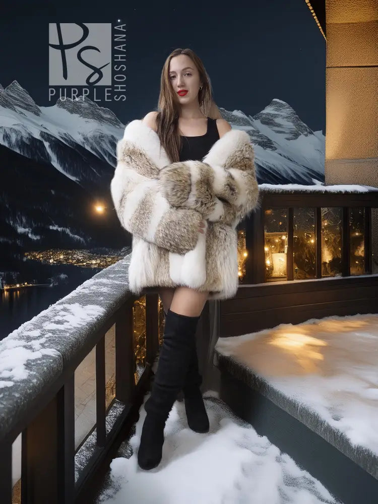 Short fur jacket with coyote-brown sleeves and white fox collar, open front